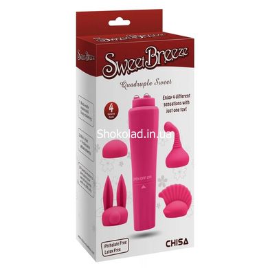 Вибратор для клитора с насадками Chisa Quadruple Sweet, розовый, 10 х 2.6 см - картинка 2