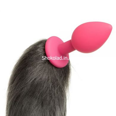 нальна пробка Silicone з хвостом Єнот, Raccoon Tail S, Серый/Розовый - картинка 2