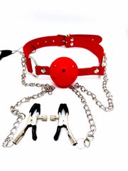 Кляп DS Fetish Ball gag with nipple clamps red - картинка 1