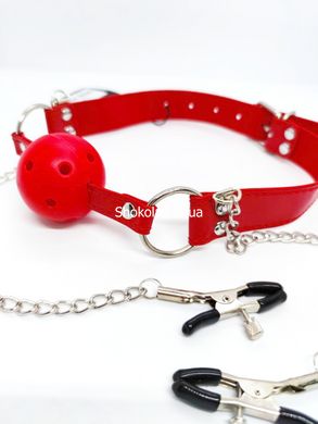 Кляп DS Fetish Ball gag with nipple clamps red - картинка 3