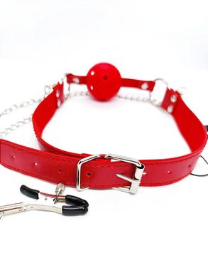 Кляп DS Fetish Ball gag with nipple clamps red - картинка 4