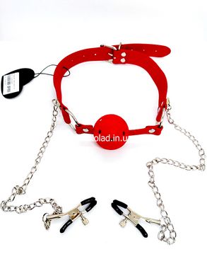 Кляп DS Fetish Ball gag with nipple clamps red - картинка 2