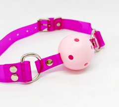 Кляп неоновий DS Fetish, малиновий ремінець з рожевою кулькою - картинка 1