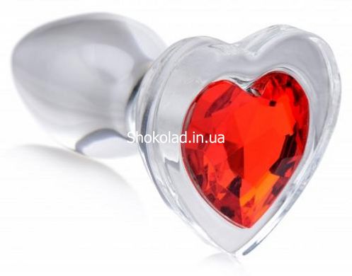 Анальна пробка з червоним каменем XR Brands у формі серця, скляна, прозора - картинка 4