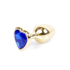 Анальная металлическая золотая пробка с камнем в форме сердца Синий S Jewellery - картинка 1