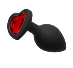 Анальна пробка з каменем Black Silicone Heart Red M, Черный/Красный - картинка 1