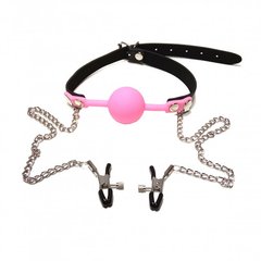 Кляп із затискачами на соски DS Fetish Locking gag with nipple clamps black/pink - картинка 1