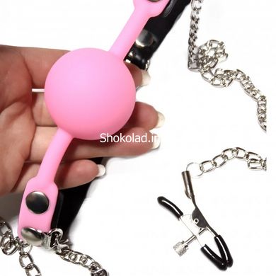 Кляп із затискачами на соски DS Fetish Locking gag with nipple clamps black/pink - картинка 2