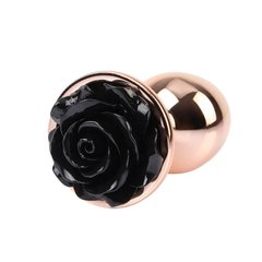 Анальная пробка со стоппером в форме черной розы S Evil Rose Chisa, металлическая, золотая - картинка 1
